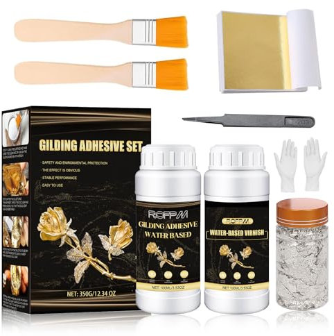 ROFPM Gold Leaf Gilding Adhesive Set, Gold Leaf Sheets Kit, 100ml Metal Leaf Glue and 100ml Varnish, Sheets 100 PCS, 2g Silver Foil, 2 Brushes for Craft, Painting, Arts, Furniture, Decoration