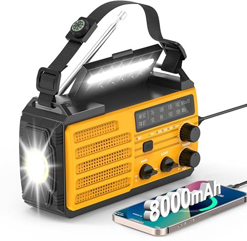 Wind Up Radio Solar Torch,8000mAh Battery Radio Portable AM/FM Radio with USB Mobile Phone Hand Crank Charger,LED Flashlight,SOS Alarm,Compass,Survival Equipment