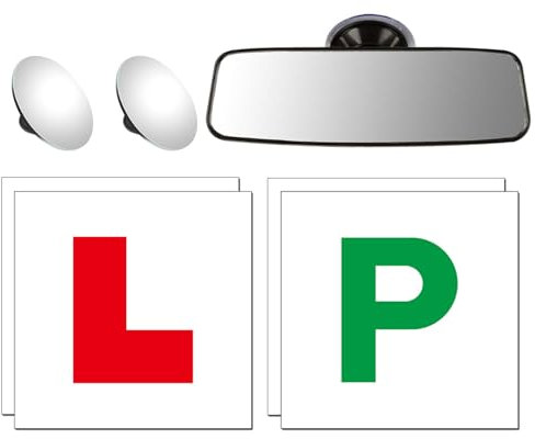 4Piece Magnetic L and P Plates Set with 2 BlindSpot Mirrors for Cars and Rear View Mirror for Driving Test & Lessons