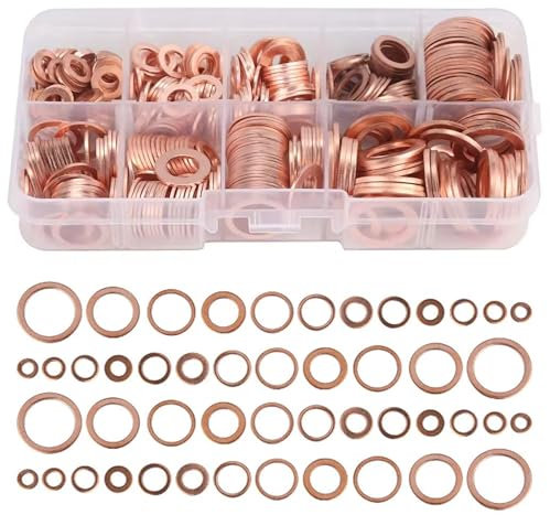 400 Pezzi Rondelle Rame Assortimento: Anelli di Tenuta in Rame M5 M6 M8 M10 M12 M14 per Automobili Generatori Macchine e Dispositivi