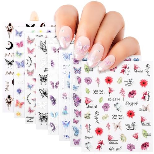 NICEDECO 15 Sheets Butterfly Nail Art Stickers Decals, 3D Self-Adhesive Stickers Colorful Ultralight Water-Proof Stickers, Nail Art Design Decoration Accessories