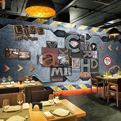 XLMING Vintage Industrial Metal Letters Licence Plate 3D Wallpaper Home Study Office Dining Room Sofa Bedroom Living Room TV Backdrop-350cm×256cm