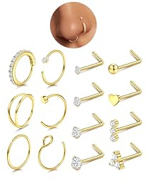 Cassieca näsring, kontakt, 18K guld, 20 g, näsringar, kreolska näsringar, av 316 L, rostfritt stål, CZ hjärta, L-form, allergivänligt, näshålspiercing, smycke för kvinnor och män