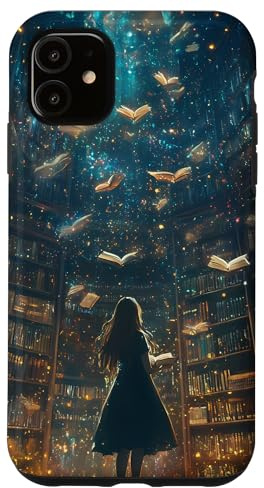 Magisches Bibliotheksmädchen in der Bibliothek, fliegend, liest Bücher Hülle für iPhone 11