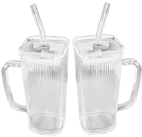 Meooyo Vaso de vidrio de 2 piezas con mango, vaso de vidrio con rayas verticales con paja y tapa, tazas prácticas de 250 ml para café helado, té y cócteles