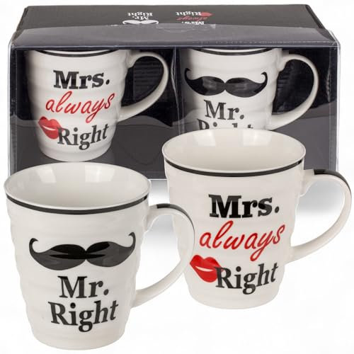 MIJOMA 2er Set Becher Mr. Right & Mrs. Always Right – Porzellan Tassen Set 330 ml – Lustige Kaffeetassen für Paare, Hochzeit oder Valentinstag