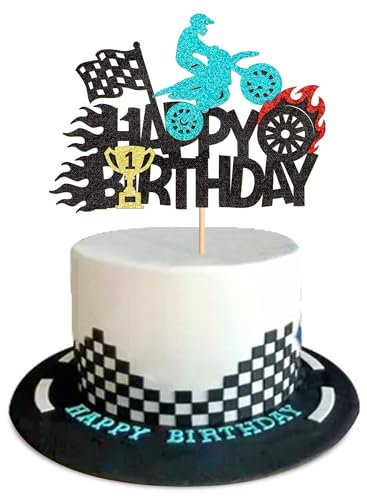 Blumomon 1Pc Motorcycle Happy Birthday Cake Topper Black Dirt Bike Cake Decoration Pick Motocross Theme Men Boys Sports Birthday Decoration Supplies
