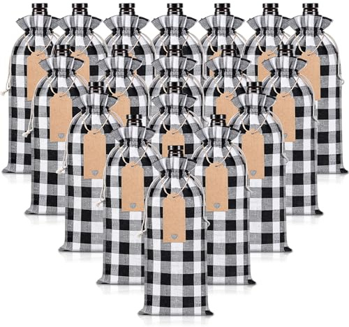 Shappy 24 Pieces Christmas Wine Bags Buffalo Plaid Bottle Covers Drawstrings Bag Pouches with Ropes and Labels for Wedding Party Xmas Holiday Wine Tasting Party Favors Supplies (White Black)