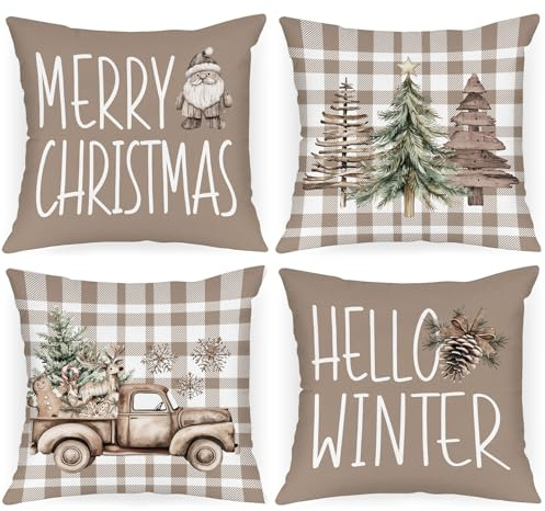 Lanpn Weihnachten Kissenbezug 4 stück, Tartan Plüsch Weihnachtskissenbezug 40x40 cm Weihnachtsmann Dekor Kissenhülle für Winter Urlaub Bauernhaus Heim Wohnzimmer Sofa Couch Innen Weihnachtsdeko