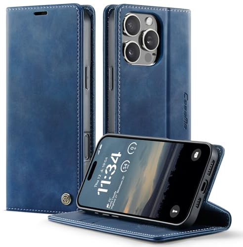owlhold iPhone 16 Pro Max hülle klapphülle Premium PU Leder, RFID Schutzhülle, Faltbare Ständer, Handytasche Lederhülle Kartenfach Standfunktion Handyhülle iPhone 16 Pro Max - Blau