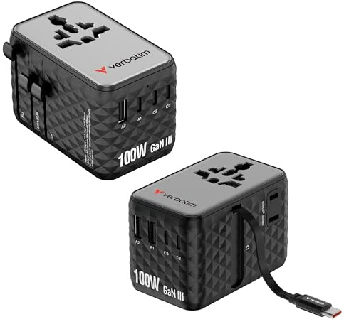 Verbatim GaN Reiseadapter 100W Schwarz mit 2X USB-C USB-A USA/JP Anschluss | Steckdosenadapter mit integriertem Kabel, Universal Schnellladegerät für MacBook,Laptop, iPhone 17, weltweit einsetzbar