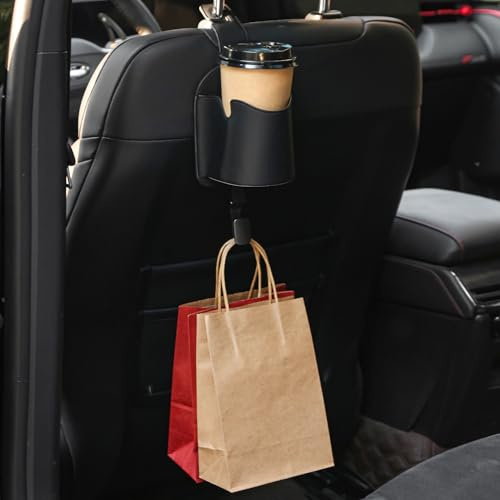 Qirc Car Seat Back Cup Holder, Leather Storage Organizer with Headrest Hook | Multifunctional 3 in 1 Universal Car Hanging Drink Holder for Purse Phone Handbag Grocery Bags (Black)
