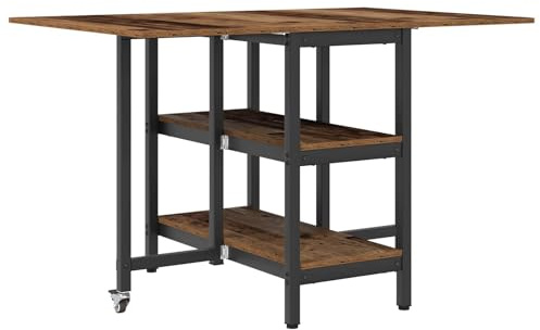 Mhdvray Table à Manger Pliable 122 x 80 x 76,5 cm, Table de Cuisine Extensible en Bois d'Ingénierie, Console Rectangulaire avec 2 Étagères de Rangement et roulettes, Style Industriel Bois Ancien