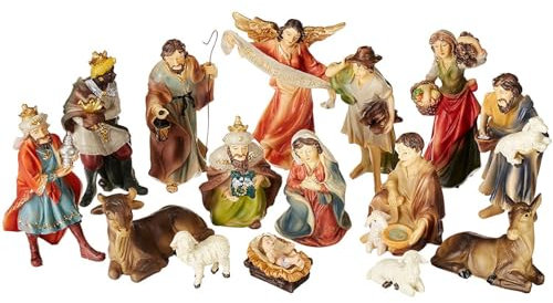 Faithful Treasure 15-teiliges Krippen-Set, handbemalte Figuren für Weihnachtskrippe, 10,2 cm hoch