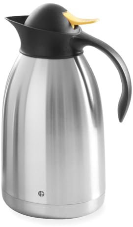 HENDI Thermoskanne, doppelwandige Isolierung, Schraubdeckel mit gelber Druckknopf, Isolierkanne, Kaffeekanne, 2L, ø145x(H) 260mm, Edelstahl, Polypropylen