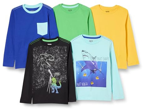 Amazon Essentials Boys' Long-Sleeve T-Shirts, Pack of 5, Black/Blue/Yellow, 4 Years