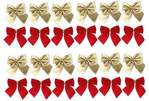 Qiuyan 24 Pieces 2 Ribbon Bows Small Christmas Bowknot Velvet Ribbon Bows Christmas Tree Decoration Set(Red and Gold)