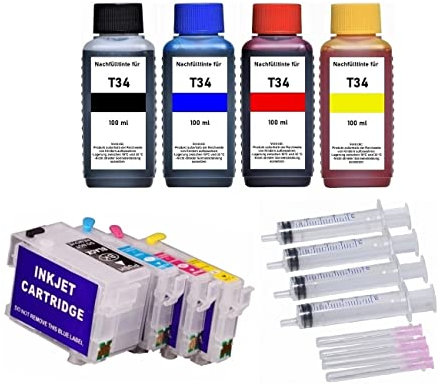 Wiederbefüllbare Druckerpatronen kompatibel mit Epson T3471, T3472, T3473, T3474, T34 XL Black, Cyan, Magenta, Yellow + 400 ml Nachfülltinte für Workforce Pro WF-3720, 3720, 3725