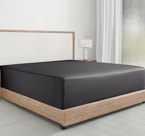 Spannbettlaken Baumwolle 140x200 cm Dunkelgrau, weiches, Hotelqualität Spannbetttuch mit tiefen Taschen und Kopf- und Fußanhängern von California Design Den