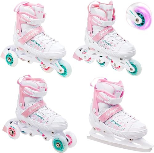 RAVEN 4in1 Inline Skates Triskates Rollschuhe Schlittschuhe Inliner für Kinder Mädchen verstellbar (ROSI, 28-32 (18,5cm-21cm))