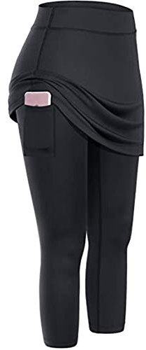 Lazzboy Leggings Damen High Waist Frauen Tennis Rock Taschen Elastic Sports Yoga Capris Röcke Legging Mit Knöchellange Engen Bescheiden Lauf Skort Hockey Hose 2 In 1 (Schwarz,M)