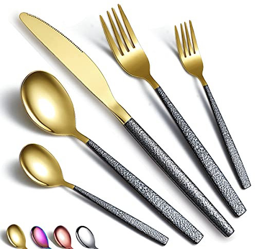 Besteckset 30 Stück Glänzende Goldkopfbeschichtung mit Schwarzem Marsgriff, Edelstahl Titanbeschichtungsmesser Löffel Gabeln Besteckset Utensilienset Besteckset Service für 6 Personen