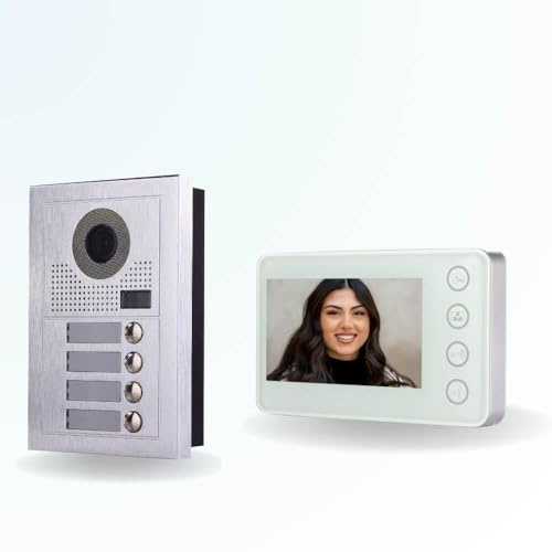 BT Security Portier interphone vidéo Modern 2 Fils - 4 Appartements - 4 écrans Blancs