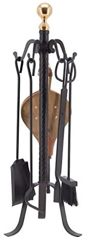 PEGANE Serviteur/Garniture de cheminée Ensembles d'outils Pince à feu Pelle Brosse en Fer forgé avec Boule dorée Coloris Noir - Hauteur 72cm