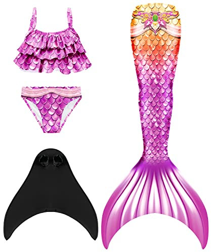 DNFUN meerjungfrauenflosse mädchen Badeanzug - Meerjungfrauenschwanz Schwimmen für Kinder Meerjungfrau Flosse Bademode mit Bikini Set und Monoflosse Mermaid Tail