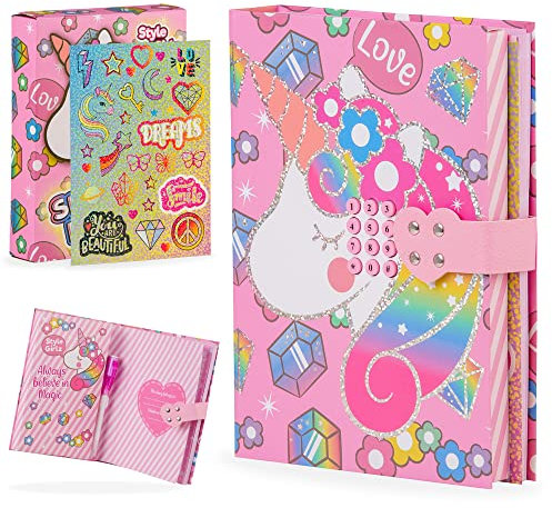 Style Girlz EinhornTagebuch für Mädchen – abschließbares KinderTagebuch mit magischem UVLicht, unsichtbarer Tinte, EinhornNotizbuch für Mädchen mit digitalem Schloss – Tagebuch & Stift für Kinder