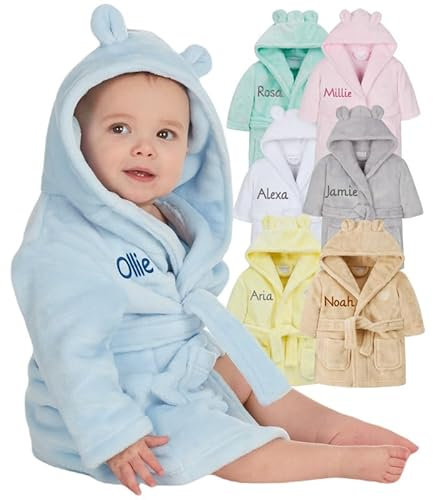 Gembroidery Personalised Baby Bathrobe Hooded Fleece Dressing Gown Super Soft Gifts Bath Robe For Boys Girls Cute Teddy Ears (2-3 Blue)