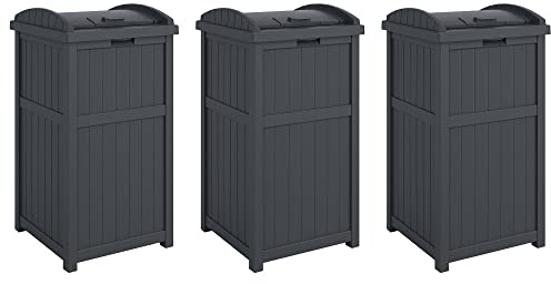 Suncast 3 Pack Trash Hideaway Refuse Container, Stylish Resin Outdoor Garbage Bin with Latching Lid, 30 to 33 Gallon Capacity, Cyberspace