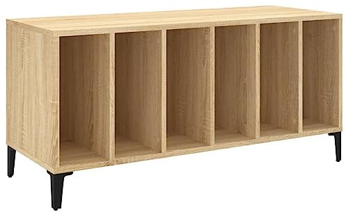 vidaXL Sonoma Oak Record Cabinet Player Stand - Engineered Wood with Metal Legs, Multi-use Sideboard for Vinyls, Office & Living Room Furniture