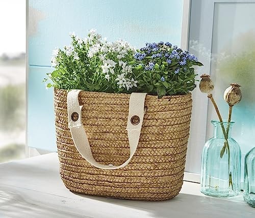 Dekoleidenschaft Pflanzer Strandtasche oval, aus Zement in beige, Blumentopf in Taschenform, Übertopf, Pflanztopf, Pflanzgefäß, Garten-Deko für Draußen