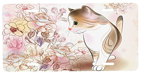 Retro-Katze,Blumen,Vintage-Kätzchen,Nummernschild vorne,Auto,dekorativ,Neuheit,Autoschild,Autoanhänger,Vanity-Geschenk,Metall-Aluminiumschild für Damen/Herren,30,5 x 15,2 cm,Wanddekoration