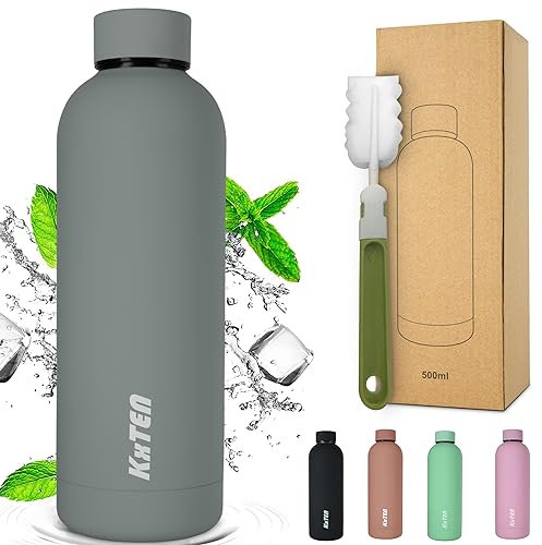 KxTEN Edelstahl Trinkflasche 500ml mit Flaschenbürste | Gummiisoliert | auslaufsichere Thermosflasche | Kohlensäure geeignet | isolierte Wasserflasche für Sport, Büro & Freizeit (Grau, 500ml)
