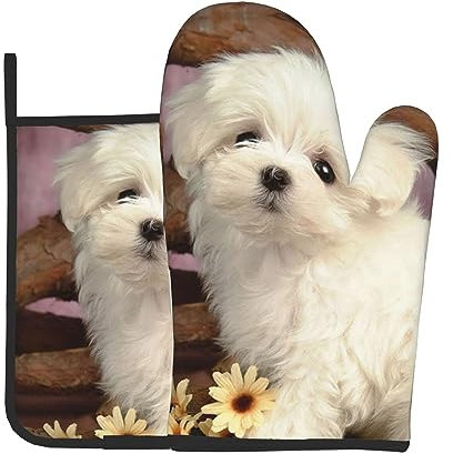 LAMAME Niedlicher Hund bedruckte Ofenhandschuhe und Topflappen, waschbar, Küchenhandschuhe