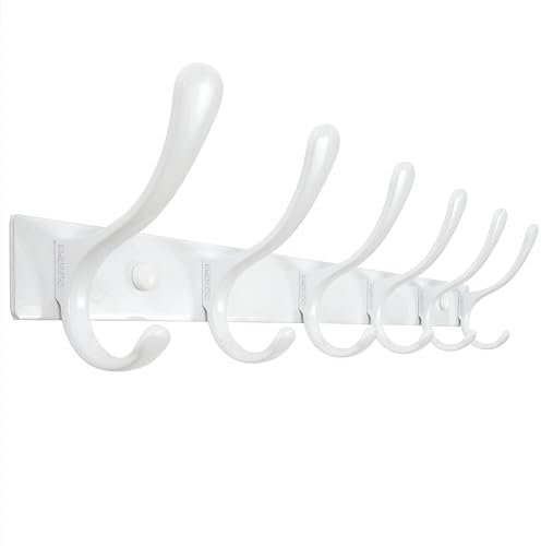 SKOLOO Kleiderhaken wand - 6 Haken, Garderobenleiste Edelstahl(2 Stück), Garderobenhaken Schwere, Metall Hakenleiste Garderobe, Stabile Hakenleiste zum Aufhängen von Mantel, Jacke, Kleidung, Hut(Weiß)