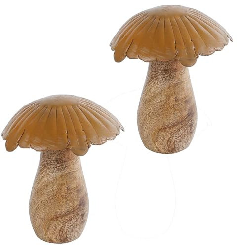 MACOSA VM010372_x2 Dekofigur Pilz 2er Set Mangoholz Metall 10 cm Beige Rost Holzpilz Skulptur Dekopilz Holz Pilzfigur Herbstdeko Pilz-Statue Herbst Deko Holzdeko