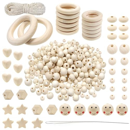 TOAOB Holzperlen zum Auffädeln Natur 210 Stück Holzperlen und holzringe zum basteln Set Holzkugeln mit Loch Makramee Zubehör für DIY Schmuck Herstellung