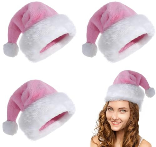 POPOYU 3 Stück Weihnachtsmütze Nikolausmütze Erwachsene,Weihnachtsmann Kostüm Nikolausmütze,Rosa Mütze Dicker Plüsch Fellrand aus Plüsch Nikolaus,Weihnachtsmann Mütze für Herren/Damen