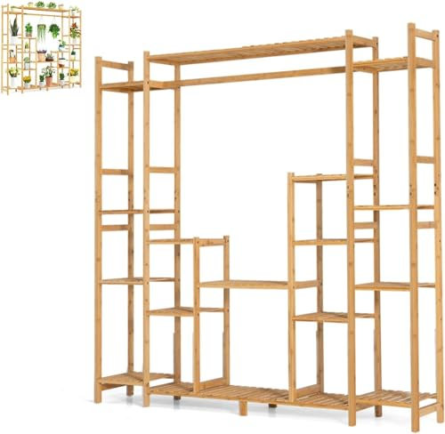SPOTRAVEL 9 Tier Bamboo Plant Stand, Freestanding Plant Holder with Hanging Rack, Hollowed Shelves & Anti-toppling Device, Display Stand Plant Rack for Home Living Room Garden
