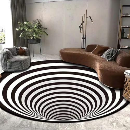 Dazzluxe 3D-Teppich Mit Optischer Täuschung Runder Schwarzes Loch, Stereo-Teppich, Illusions-Flanell-Teppiche, Schwarz-Weiß Ultraweiche, rutschfeste Teppiche Für Wohnzimmer, Schlafzimmer,B,4 ft
