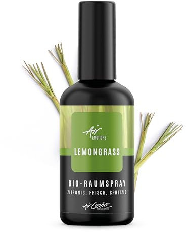 Air Creative® Raumspray Lemongrass - Erfrischender Zitrusduft - echtes Zitronengrasöl in BIO-Qualität - Frischekick und Konzentrationsfördernd - in eleganter schwarzer Glasflasche