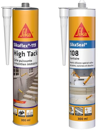 SIKA - Colle polyuréthane puissante - Pour fixation d'objets lourds - Intérieur et extérieur -Blanc -300ml + Mastic Silicone spécial salle de bain, cuisine et douche - Anti-moisissures - Blanc - 300ml