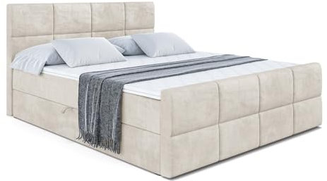 ALTDECOR Boxspringbett mit Matratze und Lattenrost, Boxbett, Topper, Fußteil, Polsterbett mit Bettkasten, Bett mit Stauraum H3-Matratze, Doppelbett, Springboxbett - ARDENI-Z - 160x200 Beige Samt