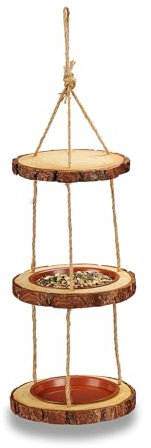Relaxdays Vogelfutterstation Holz, zum Aufhängen, Futterspender Wildvögel, 2 Schalen, Futterplatz, HxD: 69x22 cm, Natur