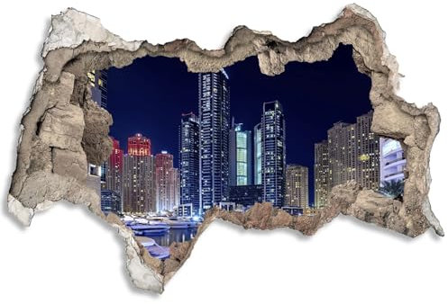 3D Wandtattoo selbstklebend Wanddurchbruch | Loch in der Wand Mauerloch | Wetterfeste Wandsticker Gross Innen und Outdoor | 120x80cm Stadt Hafen Nacht Dubai