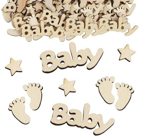 100 Stück 3 Muster Baby Streudeko Holz Fuß Sterne Babyparty Tischdeko Baby Shower Konfetti Deko Gender Reveal Party Baby Dusche Geburt Schwangerschaft verkünden Basteln Dekoration Tisch
