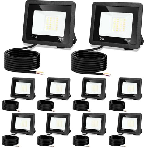 Jiubiaz LED Strahler Außen 10W, 3000K/4000K/6500K LED Strahler Dimmbar, Superhell LED Fluter Flutlichtstrahler, IP66 Wasserdicht LED Scheinwerfer Aussenstrahler für Hof, Garten, Garage(10 Stück)